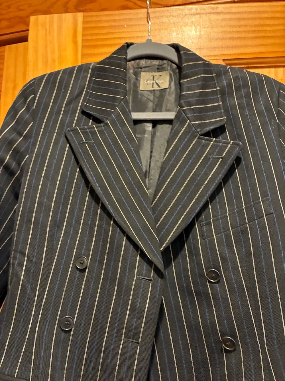 Calvin Klein Black Pinstripe Double-Breasted Blazer with Blue & White Stripes